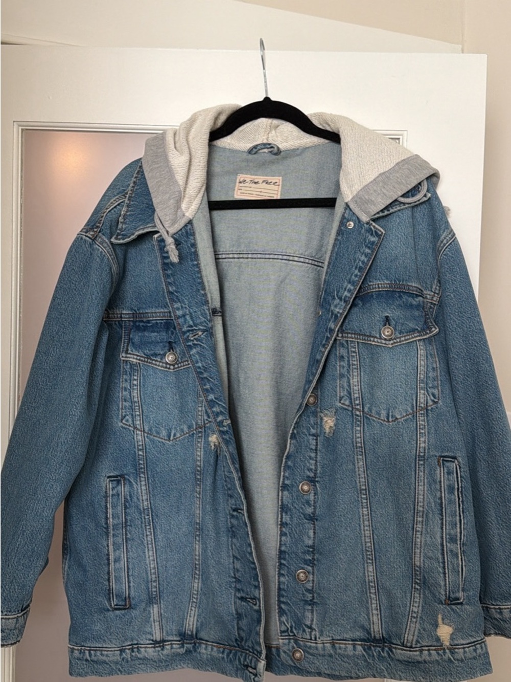 We The Free Light Blue Denim Bomber Jacket with Hood